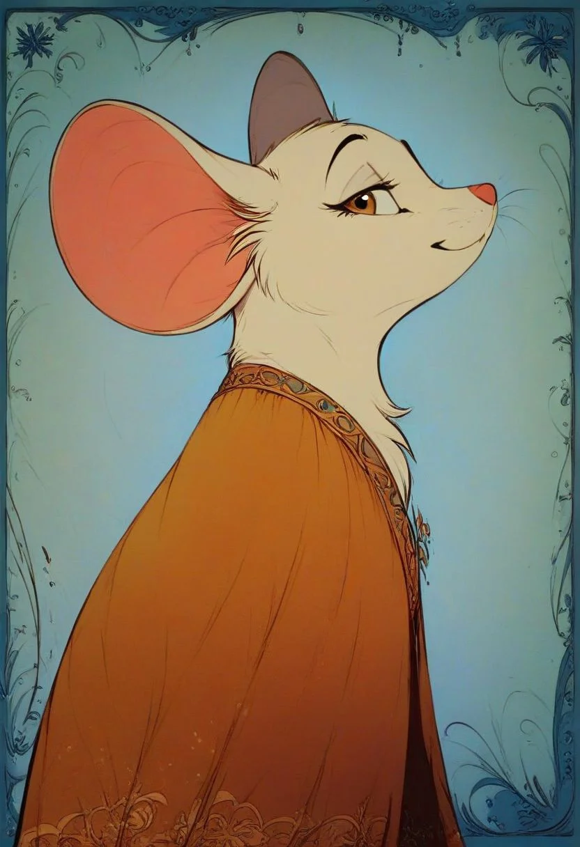 score_9, score_8_up, score_8, (solo:1.5), (fluffy:0.8), (feral:1.5), furry, (((mouse))), female, claws, (fluffy cheeks:0.5), (dress), j_cartoon, cute, (head focus, side view, portrait:1.5), (art nouveau:1.3), abstract, d3c0pnuk