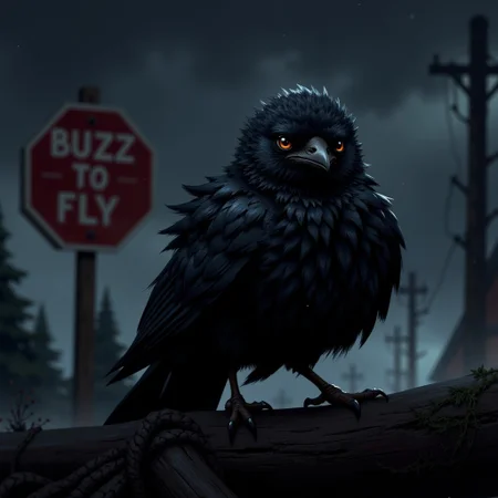 score_9, score_8_up, score_7_up,
plump, black feathered raven chick, ((big round eyes)), sharp beak, puffed up feathers, ((sign that says "Buzz to Fly")), night time, stormy night, outdoors
high resolution, detailed, 4k, realism, rule of thirds, golden ratio, depth of field,