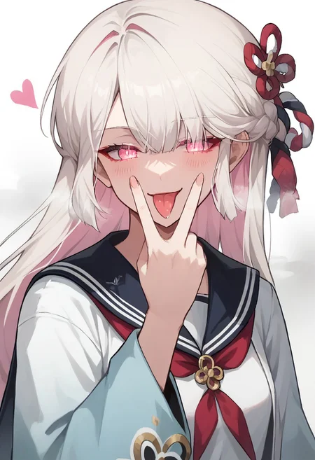 score_9, score_8_up, score_7_up, source_anime, rating_safe , 1girl, solo,long hair, white hair, pink hair, multicolored hair, braid, pink eyes, japanese clothes, school uniform,glowing eyes,blush, evil smile, hand up, hand over eye:1.1), upper body ,white background, half closed eyes, seductive look, hearts, steam, vapor, cunnilingus gesture, tongue out, saliva, small tongue