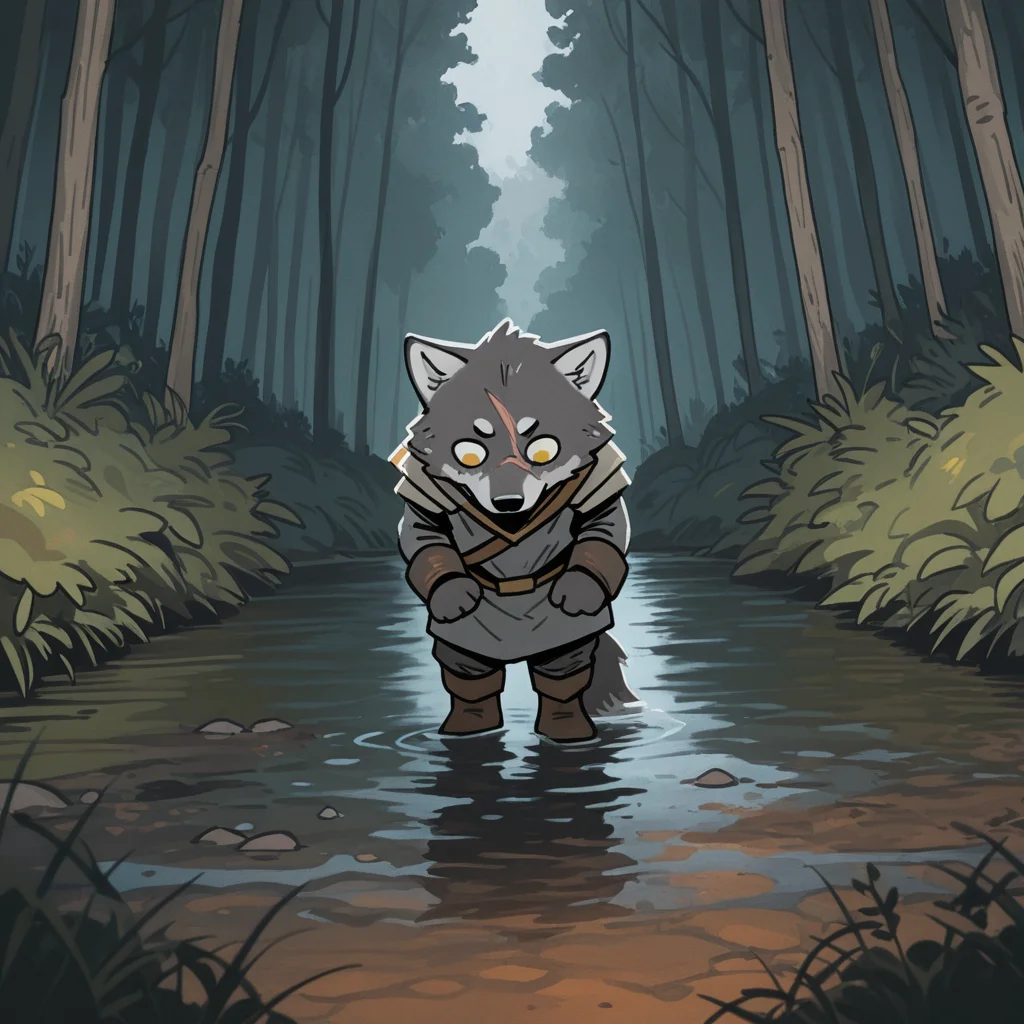 ROOT,young wolf, forest , solo,very close to viewer , badass warrior, strong, deep colors, male, rich colors, detailed, <lora:ROOT-000008:1.0>, best composition, gray clothes, detailed gray fur, sad, in the foreground, fangs, veteran, river, close, hand drawn drawing, looks into the reflection in the water, top view, looking down, anthropomorphic, standing on his feet on the river bank, scar