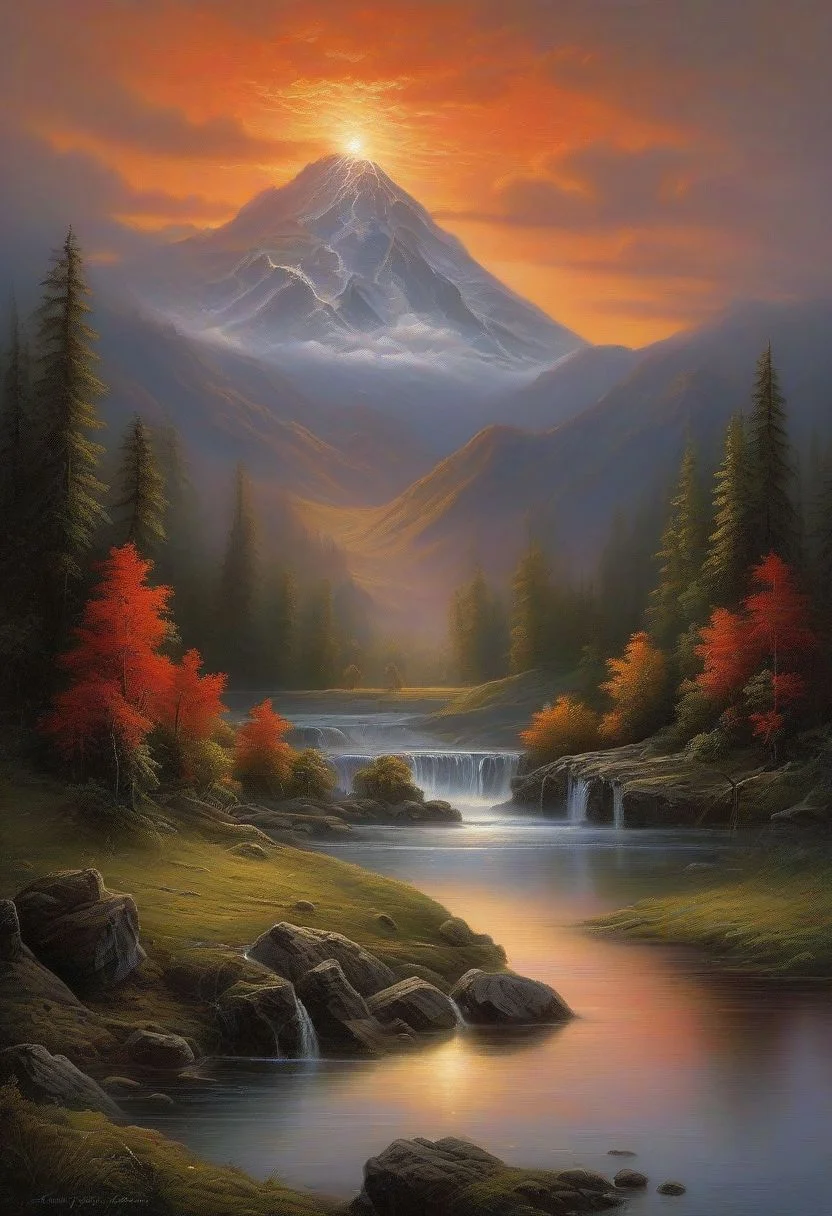 (masterpiece, best quality, highly detailed), stunning, transcendent, realism, a scene of unparalleled natural beauty: a serene lake nestled amidst towering mountains, with a small stream winding through lush meadows. The air is crisp, carrying the scent of pine, while the sky is ablaze with the colors of the setting sun. On the distant horizon, an erupting volcano spews molten lava into the air, casting an eerie red glow on the landscape. Amidst this spectacle, a campfire flickers on the shore, illuminating the water with its warm light. Snow-capped peaks rise majestically, waterfalls cascade down their slopes, and mist hangs in the air. Here, amidst the convergence of air, water, earth, fire, and the raw power of nature, one witnesses a truly transcendent moment of beauty that leaves an indelible mark on the soul, extra water detail, depth of view