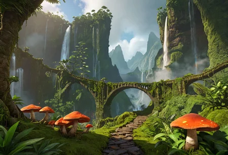 Split terrain in left and right side, where the right side is lava land landscape and the left side is a jungle and water.
masterpiece, best quality, ultra detailed, professional light, cinematic lighting, ambient lighting, atmospheric effects, photorealistic, epic landscape, high fantasy, waterfall, mountains, cliff, one bridge, (path with gold filled cracks), clouds, high trees, giant trees, weird trees, rainbow mushrooms, (jungle), volcano.