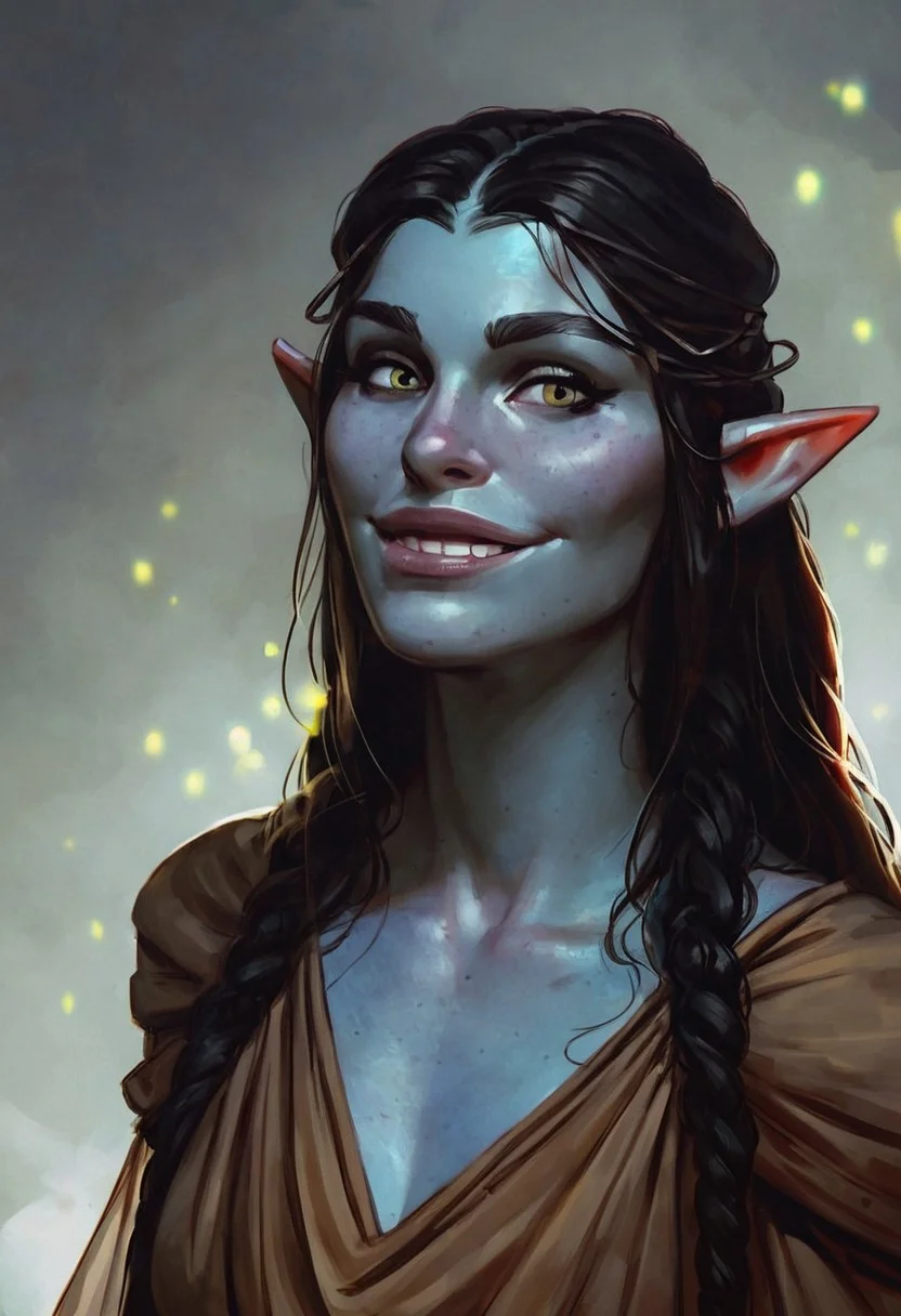 score_9, score_8_up, score_7_up, 1girl, female, elf, blue skin, visible veins, princess, rogue, sheer blouse, saggy boobs, mage robes, black hair, glowing drops in the face, fangs, smile lines, in a wizards tower, half body Portrait, focus from Front, close up, looking at viewer, arched back