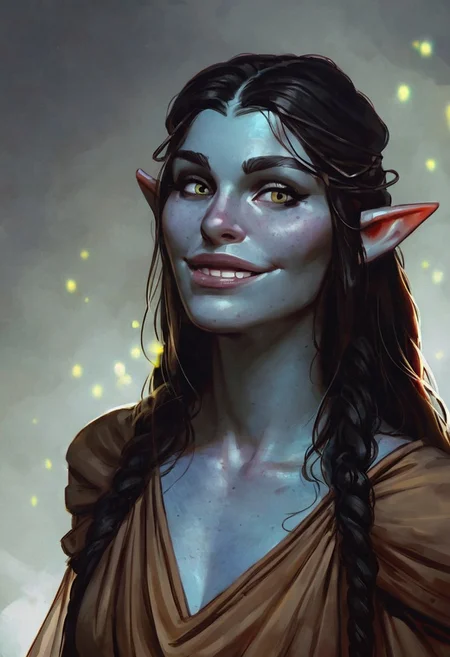 score_9, score_8_up, score_7_up, 1girl, female, elf, blue skin, visible veins, princess, rogue, sheer blouse, saggy boobs, mage robes, black hair, glowing drops in the face, fangs, smile lines, in a wizards tower, half body Portrait, focus from Front, close up, looking at viewer, arched back
