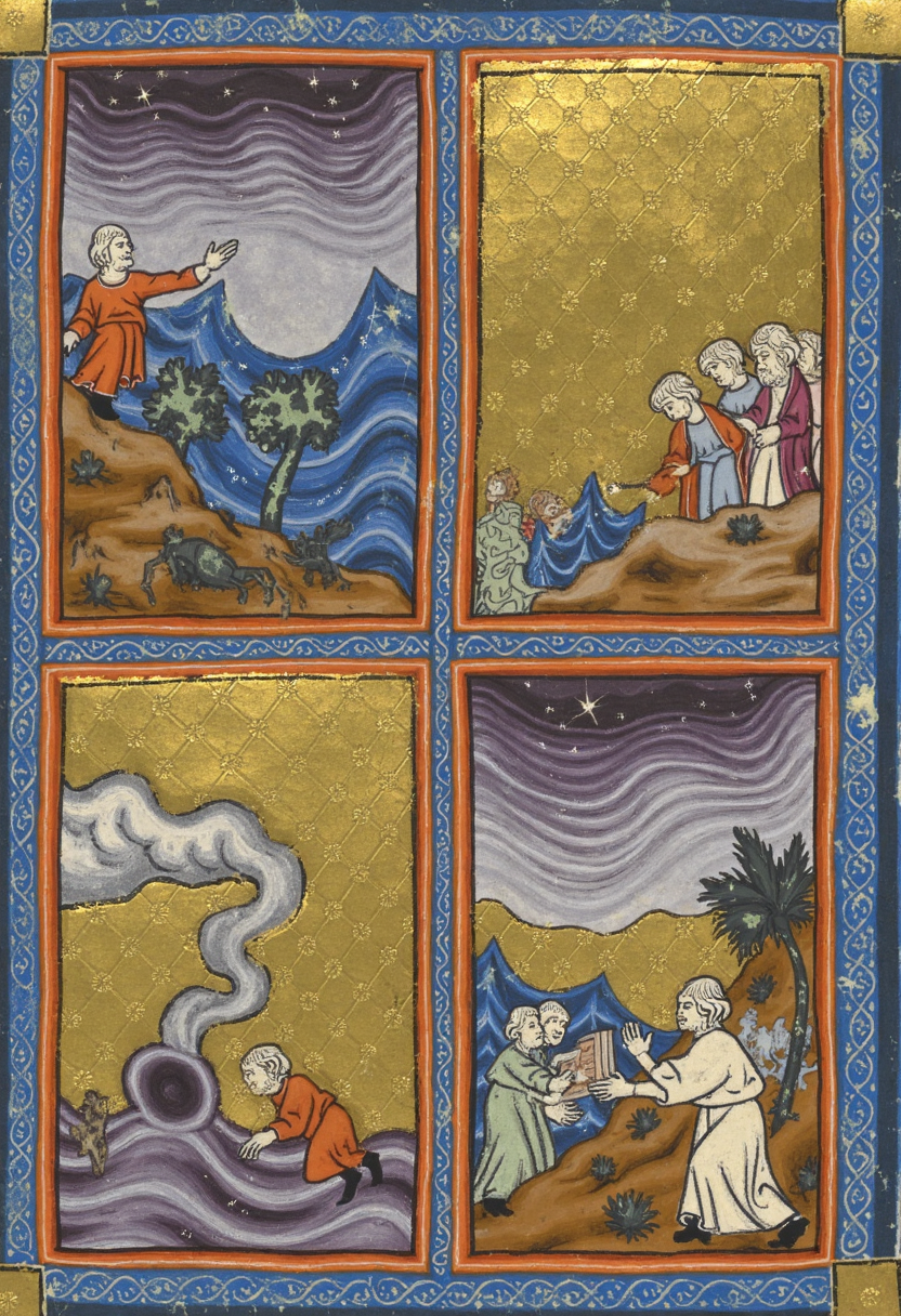 An illuminated manuscript page divided into four equal panels, each telling a different story from the Jewish Haggadah. In the first panel, the Creation of the World is depicted with swirling celestial bodies, golden stars, and the forming of the earth, with animals and plants blooming from the ground. Above, Godâs hand reaches down from the heavens, surrounded by radiant beams of light. In the second panel, The Exodus from Egypt is shown, with Moses leading the Israelites through the parted Red Sea, the waters rising dramatically on either side, while chariots and soldiers are swallowed by the waves in the distance. In the third panel, the Giving of the Ten Commandments on Mount Sinai is illustrated. Moses stands at the top of the mountain, receiving the stone tablets, as thunderclouds swirl and lightning strikes in the sky above. The people below look up in awe, framed by intricate border patterns of vines and flowers. The fourth panel shows the Crossing of the Jordan River, with the Israelites carrying the Ark of the Covenant across the river, while the waters part in a similar divine manner as the Red Sea. Each panel is richly detailed, filled with symbolic flora and fauna around the edges, and highlighted with gold leaf accents, golden haggadah style
