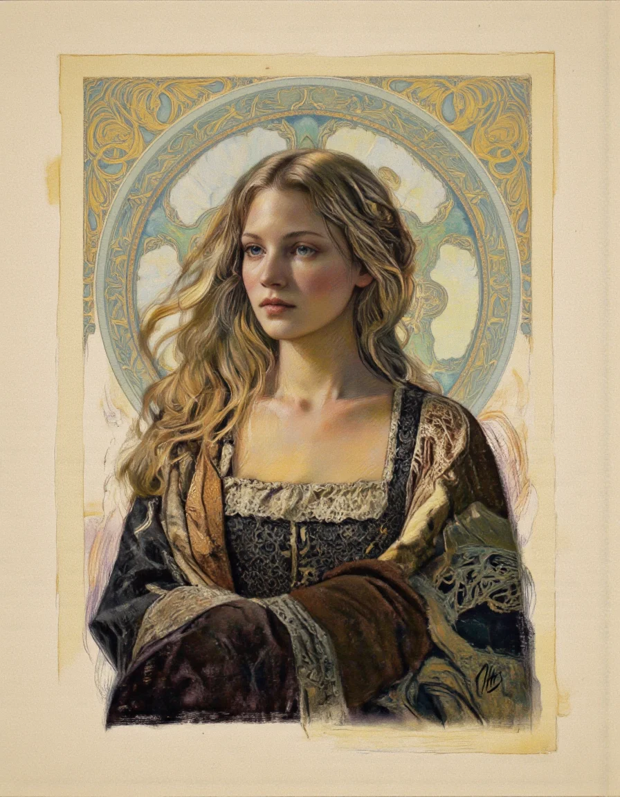 Art by Thomas Haller Buchanan. A digital illustration shoot from a portrait camera angle about a portrait of a woman with long, flowing hair, set against a soft, pastel-colored background with a decorative, circular design in the background. the image also shows intricate, ornate patterns and a dreamy, ethereal atmosphere. on the middle of the image, a woman appears to be in her mid-twenties, with light skin and long, wavy blonde hair. she is facing the viewer, looking to the side with a serious expression. her hair is styled in a way that frames her face, and she is wearing a dark, lace-trimmed dress with a fur shawl draped over her shoulders. the woman's hair is parted in the middle, and her lips are closed, giving her a serene and contemplative look. the background is a soft beige color with a circular, abstract pattern in shades of blue, green, and yellow, adding to the dreamy and ethereal quality of the artwork. the artist's signature is visible in the bottom right corner, adding a personal touch to the image.