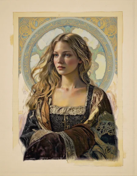 Art by Thomas Haller Buchanan. A digital illustration shoot from a portrait camera angle about a portrait of a woman with long, flowing hair, set against a soft, pastel-colored background with a decorative, circular design in the background. the image also shows intricate, ornate patterns and a dreamy, ethereal atmosphere. on the middle of the image, a woman appears to be in her mid-twenties, with light skin and long, wavy blonde hair. she is facing the viewer, looking to the side with a serious expression. her hair is styled in a way that frames her face, and she is wearing a dark, lace-trimmed dress with a fur shawl draped over her shoulders. the woman's hair is parted in the middle, and her lips are closed, giving her a serene and contemplative look. the background is a soft beige color with a circular, abstract pattern in shades of blue, green, and yellow, adding to the dreamy and ethereal quality of the artwork. the artist's signature is visible in the bottom right corner, adding a personal touch to the image.