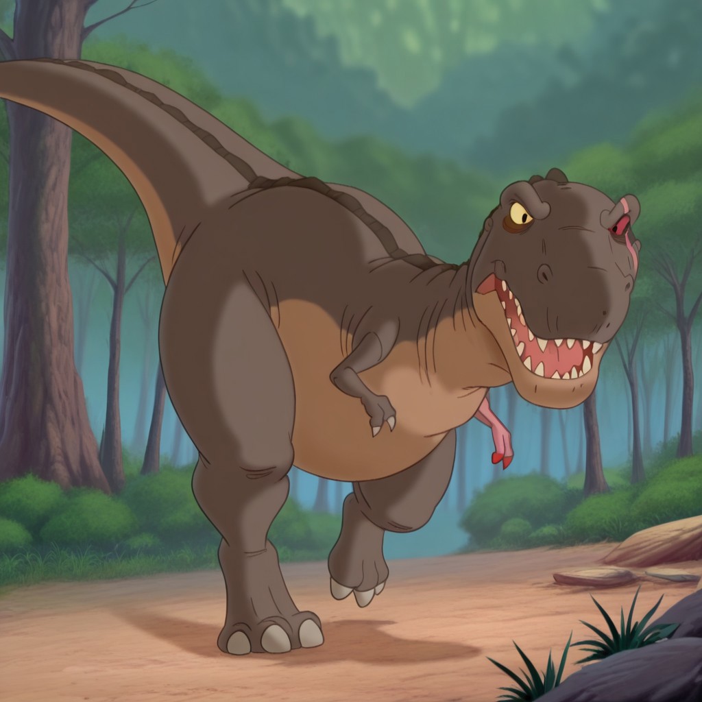 masterpiece, best quality, amazing quality, redclawlbtil, feral, male, Tyrannosaurus, brown skin, scar, one red sclera, one yellow sclera, black eyes, pink scar, forest,   fully body,  solo, one red finger claw, running, straight-on