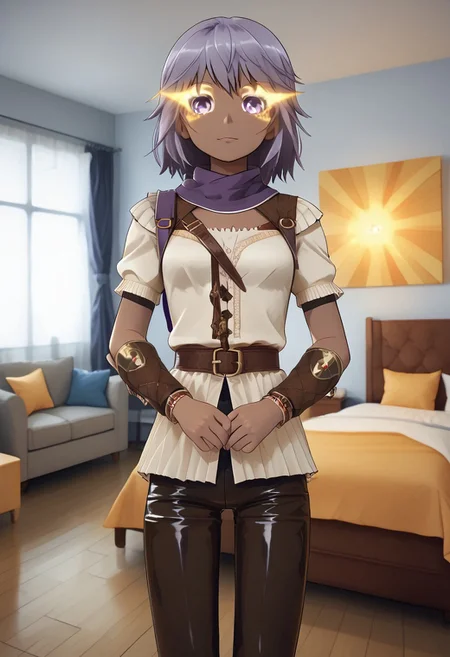 Latex, 2girls, (mgrchozumishizuku | 4mb3r), living room, window, score_9, score_8_up, score_7_up, rating_safe, woman duo, sitting, hugging, sunset background, detailed lighting, fully dressed, (latex clothes:2) hamafugustyle, (mgrchozumishizuku, purple hair, purple eyes, purple scarf with bow, purple jacket, white sweater, red belt, purple pants, brown arm guards), BREAK, (4mb3r, brown hair, short hair, brown eyes, dark skinned female, bracelet, jewelry, armor, shoulder armor, pants, boots, brown sweater, glowing eyes).