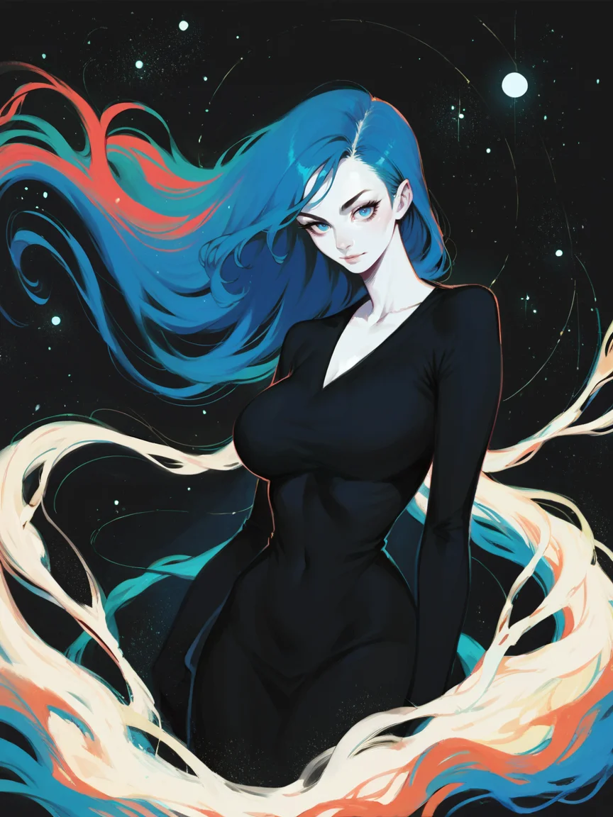 score_9, score_8_up, score_7_up, score_6_up, score_5_up,    <lora:watXLP:0.7> wat, 1girl, solo, black background, blue eyes, white skin, looking at viewer, abstract, curvy, starry sky, long hair, black dress, blue hair,