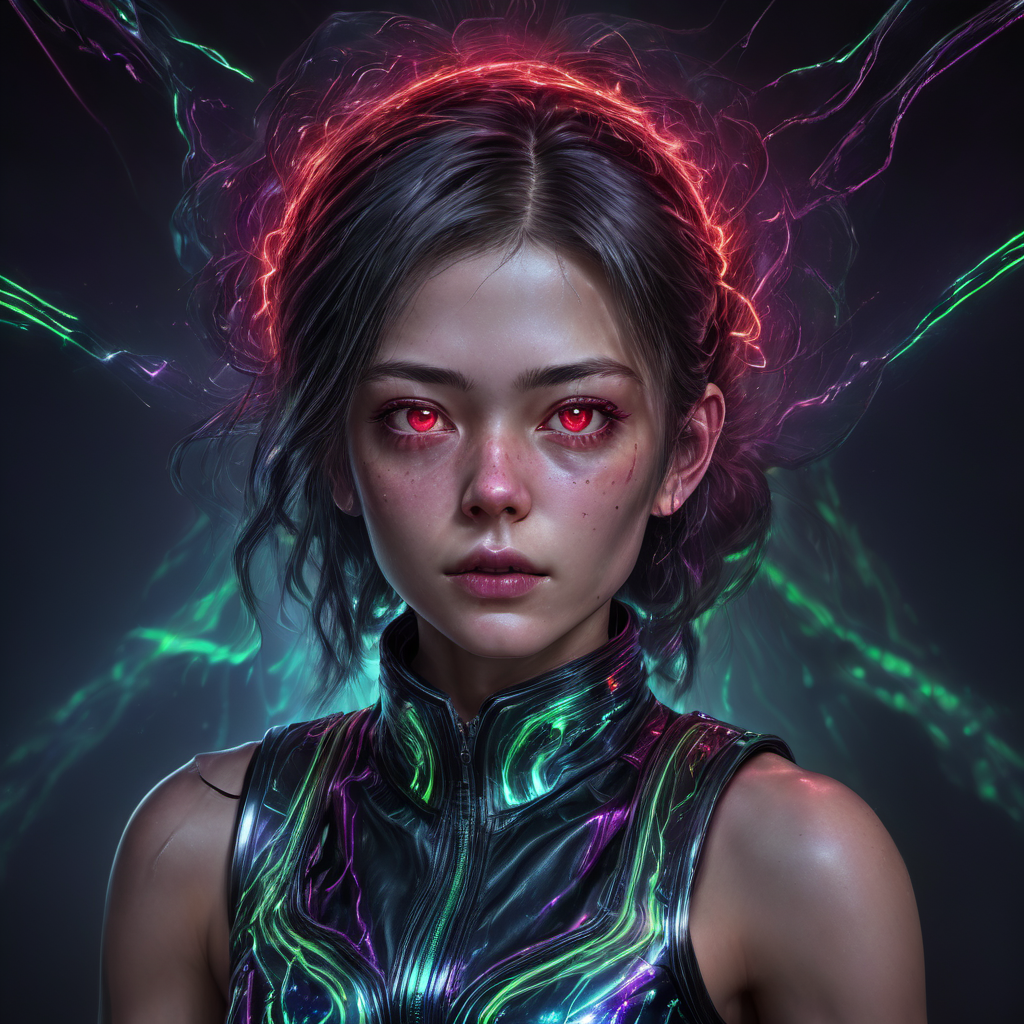 ((best quality)), ((masterpiece)), ((realistic,digital art)), (hyper detailed),DonMV01dfm4g1c3XL female Corporate Saboteur, , Early twenties, Ripped, Inuit, Ruby red eyes, Unusual Ears, Nostril Narrow Nose,  Soft Jaw,   Oblong face shape,  , Brown Long layers hair, Astonishment, Pensive Posture, Character stands with one hand on the chin, lost in thought or contemplation.,  wearing  Cyber-Denim Shorts,  Neon Sequin Corset, , ,  and, Haptic Feedback Interaction, Character touches fingertips together in front of them, simulating tactile interaction with virtual objects, octane rendering, raytracing, volumetric lighting, Backlit,Rim Lighting, 8K, HDR,   <lora:Voidmagic_XL_version-000014:1>