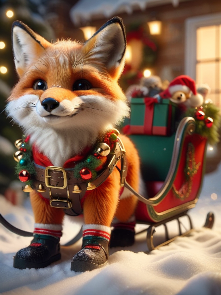 ral-santasleigh, a photorealistic fox decorated with a harness pulling Santas sleigh <lora:ral-santasleigh-sdxl:1>