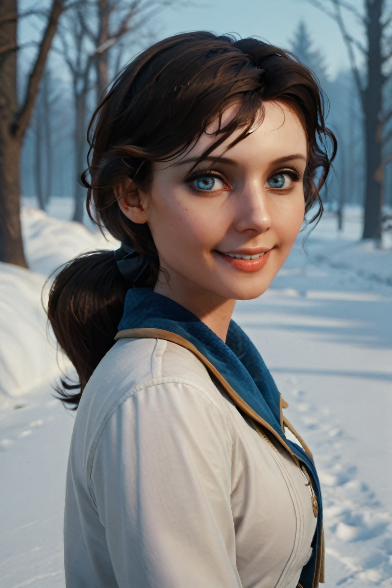 score_9, score_8_up, score_7_up, score_6_up, score_5_up, score_4_up
<lora:BioshockElizabeth:1.0>
BioshockElizabeth, 1girl, brown hair, ponytail, blue eyes, looking at viewer, in a winter wonderland, cowboy shot, winter clothing, smile