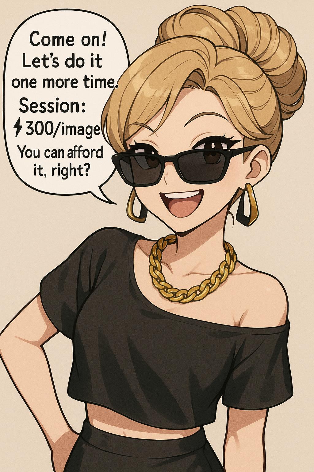 Luxury (wearing gold chain, sunglasses) cute anime girl looking at viewer with a wide smile says (in a bubble speech): "Come on! Let's do it one more time. Session: ⚡️300/image. You can afford it, right?". Simple background, gorgeous female, stylish outfit and fancy haircut. 