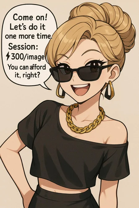 Luxury (wearing gold chain, sunglasses) cute anime girl looking at viewer with a wide smile says (in a bubble speech): "Come on! Let's do it one more time. Session: ⚡️300/image. You can afford it, right?". Simple background, gorgeous female, stylish outfit and fancy haircut. 