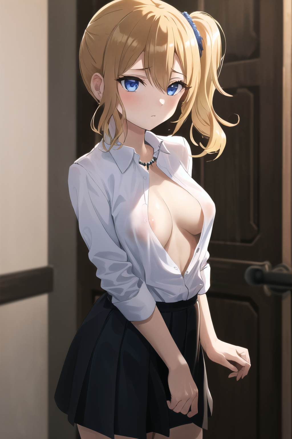 masterpiece, best quality, ultra-detailed, 1 girl,  areola slip,  aahayasaka, side ponytail, medium breasts, necklace, collared shirt, black skirt