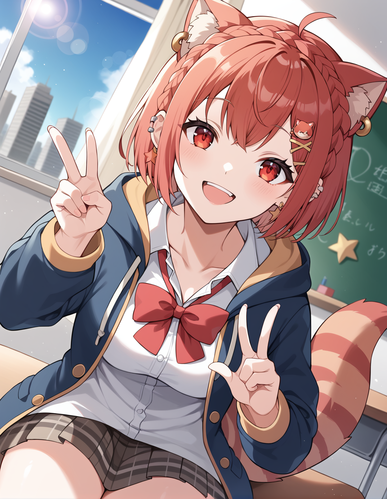 score_9, score_8_up, score_7_up, source_anime, rating_safe, BREAK <lora:ratnaPetitXL_LoRA-C3Lier_AdamW_Dim16_Alpha16_UN-3e-4_TE-1.5e-4_10batch_ponyDiffusionV6XL_v6StartWithThisOne:1>, ratna petit, 1girl, virtual youtuber, animal ears, animal ear fluff, ear piercing, crown braid, ahoge, red hair, short hair, red eyes, tail, star earrings, hair ornament, black jacket, open jacket, cardigan under jacket, hooded cardigan, white shirt, red bow, plaid skirt, smile, dutch angle, head tilt, v, selfie, depth of field, eye focus, sitting, classroom, chalkboard, window, curtains, window shade, blue sky, cloud, cityscape, sunlight, lens flare