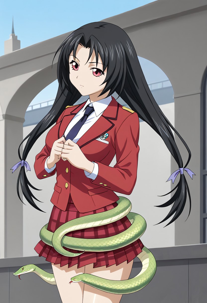 score_9, score_8_up, score_7_up, BREAK source_anime, masterpiece, anime screencap, shiny skin, 
1girl, solo, kaku bunwa, long hair, black hair, twintails, red eyes, large breasts, hair ribbon,  <lora:kaku_pony-000006:1>
school uniform, white shirt, red blazer, dark blue necktie, red skirt, plaid skirt, socks, loafer, sn4k3, snake, snake on shoulders, upper body