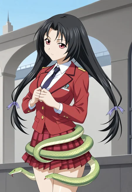 score_9, score_8_up, score_7_up, BREAK source_anime, masterpiece, anime screencap, shiny skin,
1girl, solo, kaku bunwa, long hair, black hair, twintails, red eyes, large breasts, hair ribbon, <lora:kaku_pony-000006:1>
school uniform, white shirt, red blazer, dark blue necktie, red skirt, plaid skirt, socks, loafer, sn4k3, snake, snake on shoulders, upper body