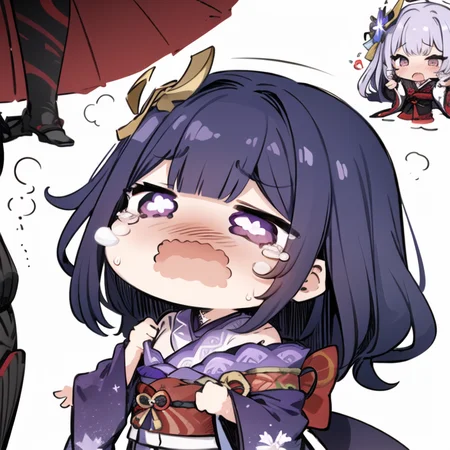 1girl, chibi, purple hair, purple eyes, raiden shogun, kimono, sobbing, white background <lora:Sesield:1>