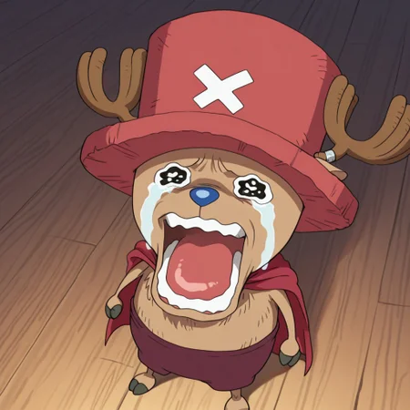 best quality, amazing quality, very aesthetic, absurdres, newest, masterpiece, Solo, 2d, 1boy, 2 fingers, OPChopper, male, brown fur, reindeer, antlers, light red top hat, white X on hat, maroon shorts, blue nose, black eyes, animal ears on hat, red cape,
BREAK <lora:chopper-crying-ponyxl-lora-nochekaiser:1> chopper crying, chopper crying (meme), meme, wavy eyes, crying, tears, teeth, open mouth, tongue,
