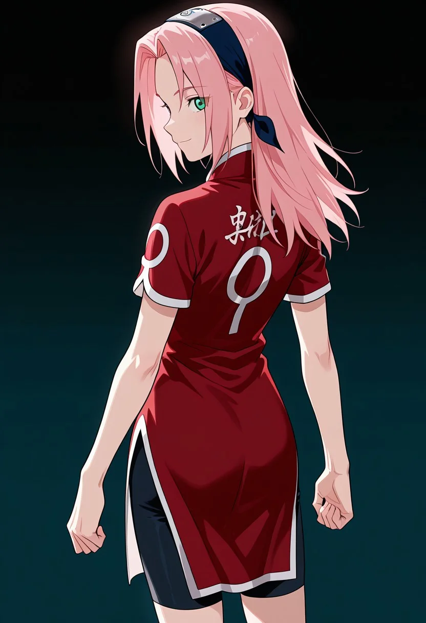 Score_9_up, score_8_up, score_7_up, source_anime, Expressiveh, perfect eyes, 1girl, solo, 1girl, haruno sakura, pink hair, long hair, green eyes, slim body,Small breasts,red shirt, red qipao, black short sleeves, ((bike shorts)),
from behind,pov, smile,
feet out of frame,
Japanese,
BREAK
BREAK masterpiece, best quality, amazing quality, (perfect anatomy:1.2), (beautiful artwork), (beautiful color), strong lighting, <lora:blm_ILL_V1:0.3>, <lora:HandFineTuning_XL:0.7>