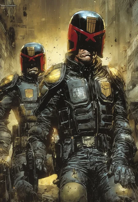 score_9, source_Poster, (Part 1 above, Part 2 below)Tortured by SIMON BISLEY, art station, full color. (Judge Dredd),vector