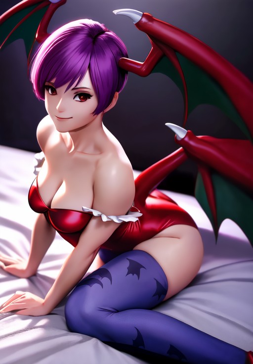 sfw, <lora:darkstalkers_lilith:0.8>, darkstalkers_lilith, seductive smile, lay on bed, (seductive, alluring, charming:1.3), seductive, (ultra-high res, high details, absurdres:1.3)
