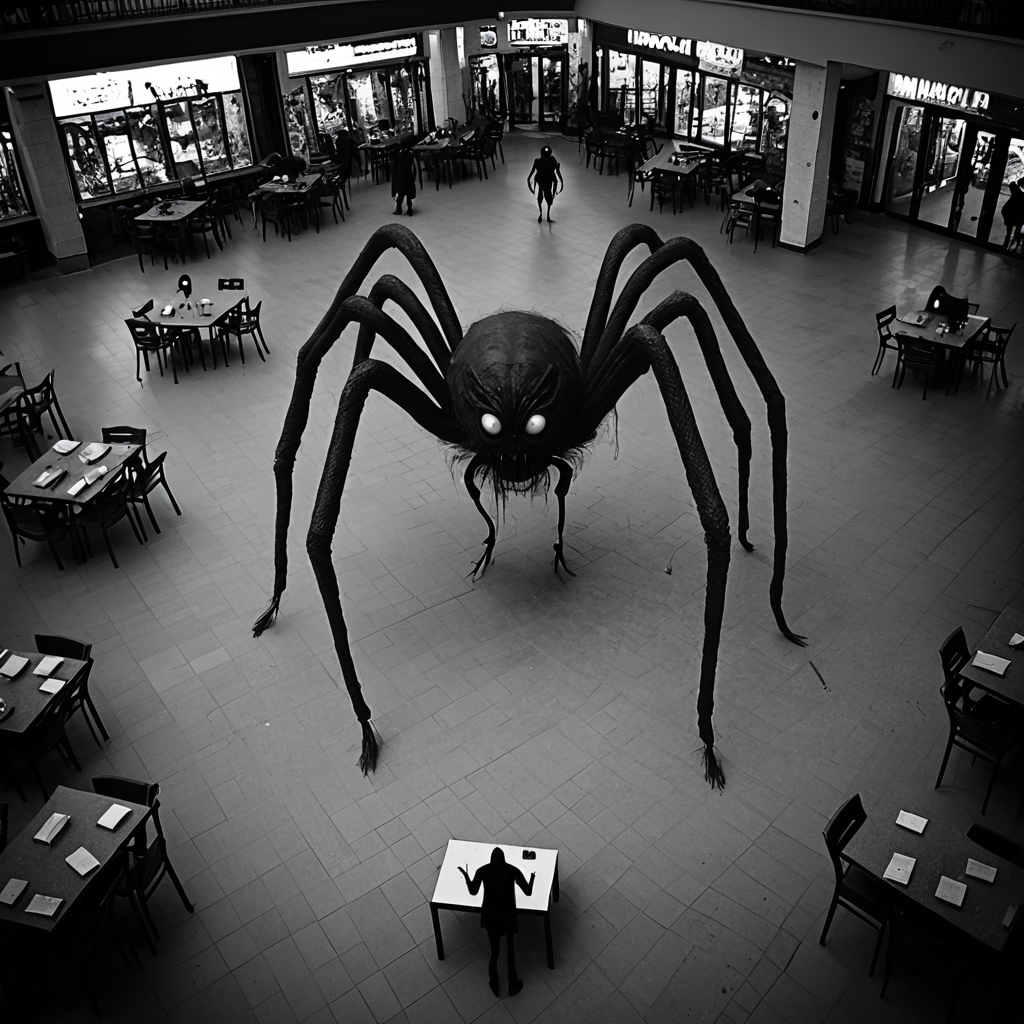 horrorcctvlora, public mall, horror (theme), monster, spider, monochrome, hiding tables, bird view