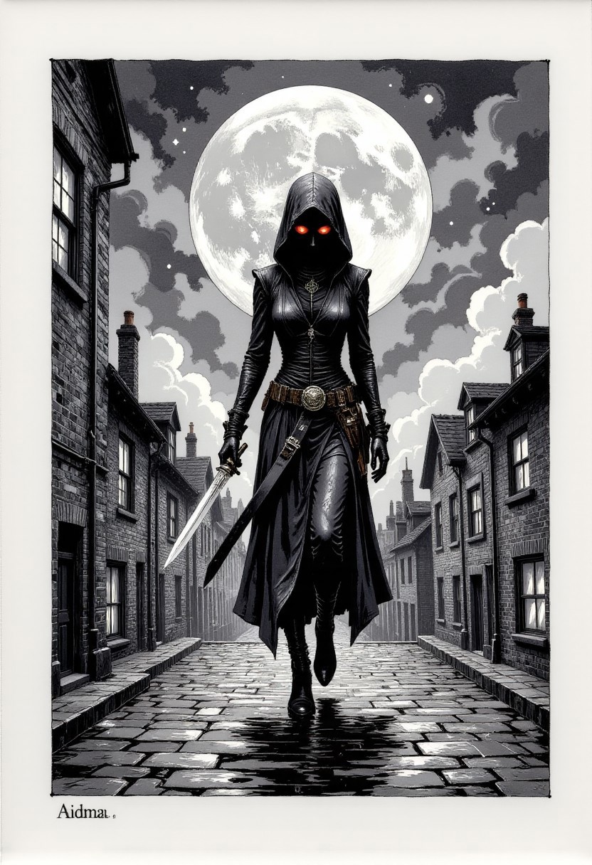 “Whisper‑thin ink drawing on vellum of a spectral assassin slipping through moonlit rooftops, translucent grays and silvers with subtle opalescent foil on her dagger, negative‑space composition framing card text.”
, aidmaHiDreamStyle , aidmamjv7