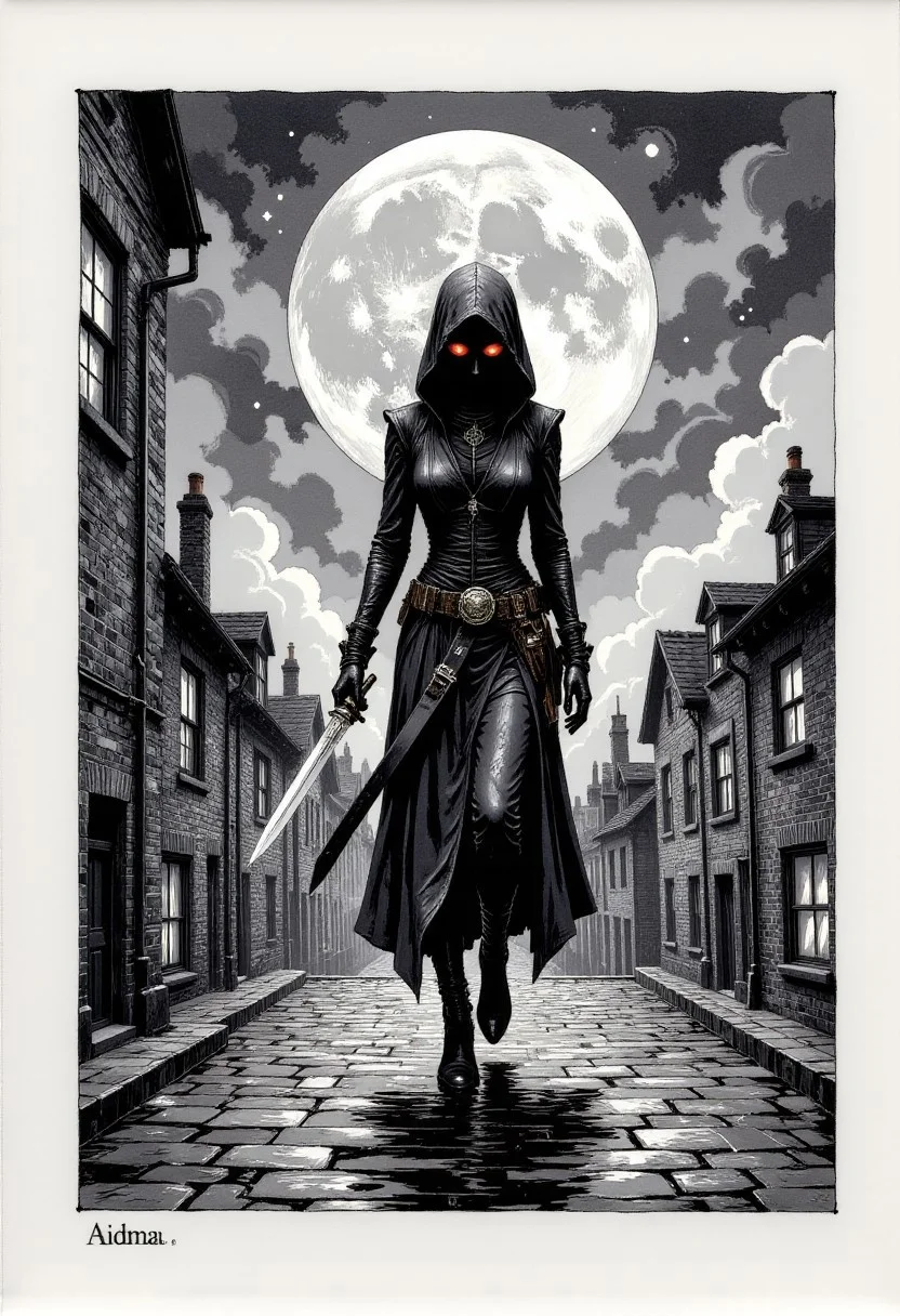 “Whisper‑thin ink drawing on vellum of a spectral assassin slipping through moonlit rooftops, translucent grays and silvers with subtle opalescent foil on her dagger, negative‑space composition framing card text.”
, aidmaHiDreamStyle , aidmamjv7