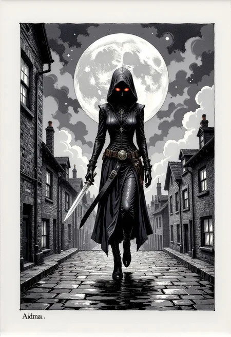 “Whisper‑thin ink drawing on vellum of a spectral assassin slipping through moonlit rooftops, translucent grays and silvers with subtle opalescent foil on her dagger, negative‑space composition framing card text.”
, aidmaHiDreamStyle , aidmamjv7