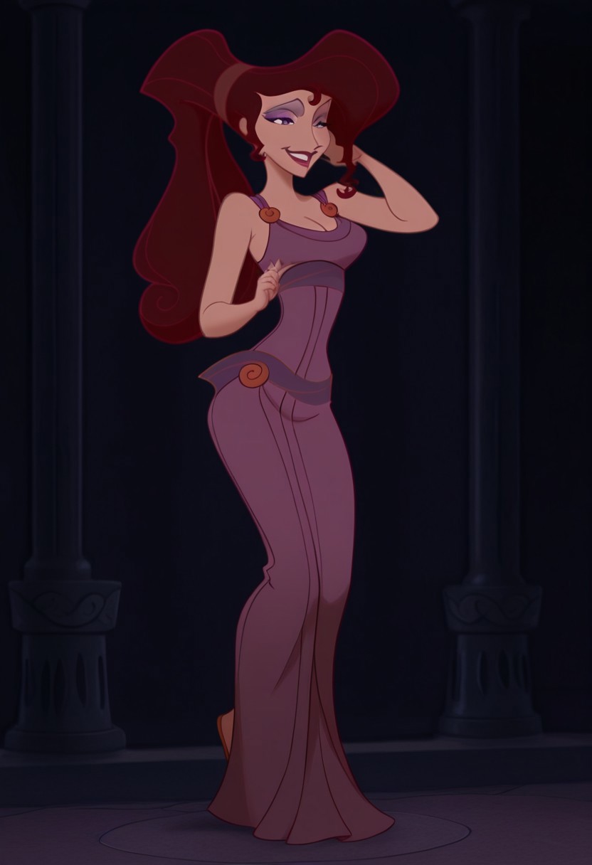 1girl, masterpiece, best quality, amazing quality, absurdres, <lora:Megara__Illustrious:1> m3g4r4, megara (hercules disney), long hair, tied hair, brown hair, purple eyes, purple Greek dress, cleavage, sexy makeup, lipstick, smiling, full body,