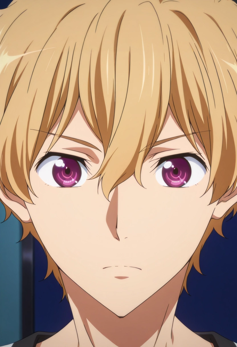 masterpiece, best quality, , anime screencap, anime coloring, official style, looking at viewer, 1boy, solo, male focus, <lora:nagisa_hazuki_ilxl:0.96>, nagisa_hazuki, blonde hair, purple eyes, ,