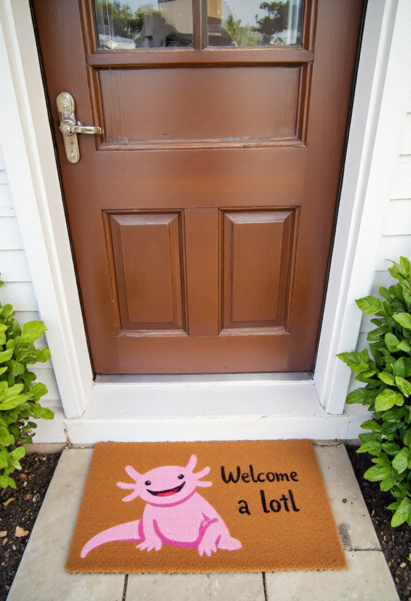 <lora:Welcome_Mat_Manufacturer_FLUX-000023:0.9> <lora:axomodelv2:0.9>
The image is a photograph of a small outdoor entrance area, featuring a doormat with a humorous design. The doormat is rectangular and made of a textured, brown, coir material. It has a vibrant, whimsical design featuring the text "Welcome a lotl"  and a happy pink axolotl.