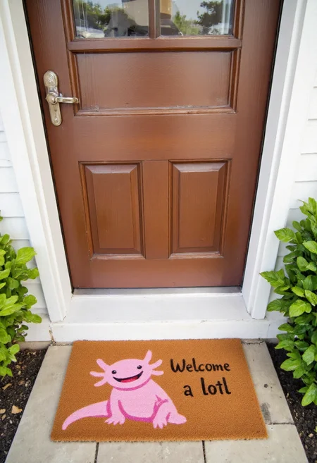 <lora:Welcome_Mat_Manufacturer_FLUX-000023:0.9> <lora:axomodelv2:0.9>
The image is a photograph of a small outdoor entrance area, featuring a doormat with a humorous design. The doormat is rectangular and made of a textured, brown, coir material. It has a vibrant, whimsical design featuring the text "Welcome a lotl" and a happy pink axolotl.
