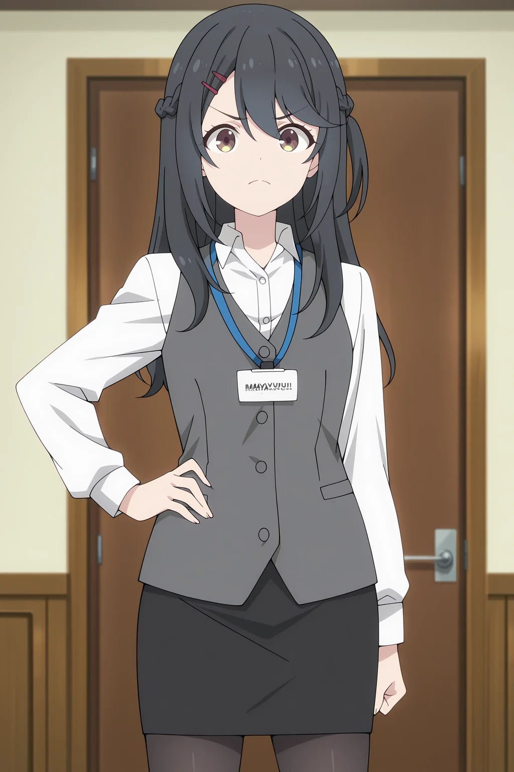 volumetric lighting, official style, amazing quality, ultra detailed, highres, detailed background, anime screenshot, anime screencap, anime coloring, masterpiece, detailed face,1girl <lora:Mayumi_Oota:1>Mayumi Oota, black pantyhose, black pencil skirt, hair ornament, black hair, french braid, grey vest, office lady, white collared shirt, hairclip, hand on hip, long hair, id card, solo, lanyard, brown and yellow eyes, closed mouth, long sleeves, v-shaped eyebrows