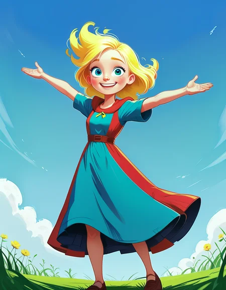 positiv Clip L:
1girl, solo, smile, open mouth, simple background, blue sky, yellow hair, red dress, animal ears, arms up, grass, happy, happy expression, blue eyes,
positiv Clip G:
A simple, flat design illustration featuring a cartoon character with yellow hair and blue eyes, standing in the middle of the image with arms outstretched, wearing a red dress, the character has a friendly smile and is positioned in the center of the frame, the background is a simple gradient of blue and green, with the blue sky at the top and the green grass at the bottom, creating a bright and cheerful atmosphere,