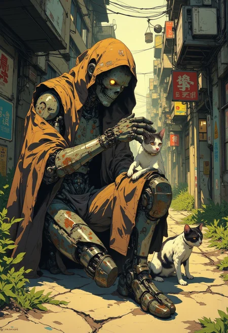 anime, cyberpunk, in the style of cksc, DB4RZ, DB4RZ style painting, Plopscape, A detailed anime-style painting of a partially rusted robot in a tattered brown robe kneeling to pet a stray cat. The robot has a weathered, humanoid appearance with exposed metal joints and patches of rust. Its glowing eyes emit a soft, melancholic light. The cat, a small white and gray stray, rubs affectionately against the robot’s metallic fingers. The background is a serene, abandoned urban alleyway, overgrown with plants and illuminated by warm, diffused lighting. The atmosphere is nostalgic, evoking a sense of solitude and quiet companionship.