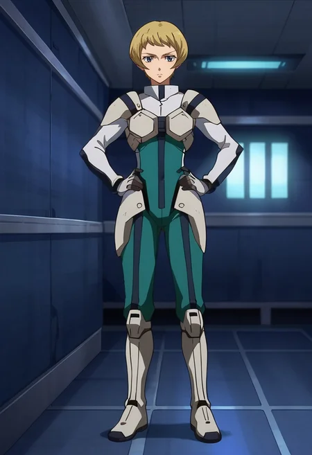 score_9,score_8_up,score_7_up,anime coloring BREAK source_anime,anime,<lora:Julieta_Juris_ORPHANS_Pony:0.8>,julieta,1girl,solo,blue eyes,blonde hair,short hair,pilot suit,hands on hips,indoors,dock,full body,