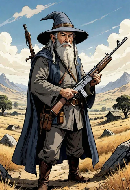Gandalf the Grey holding an AK47, middle earth, plains, comicbook style, explotions, comic book