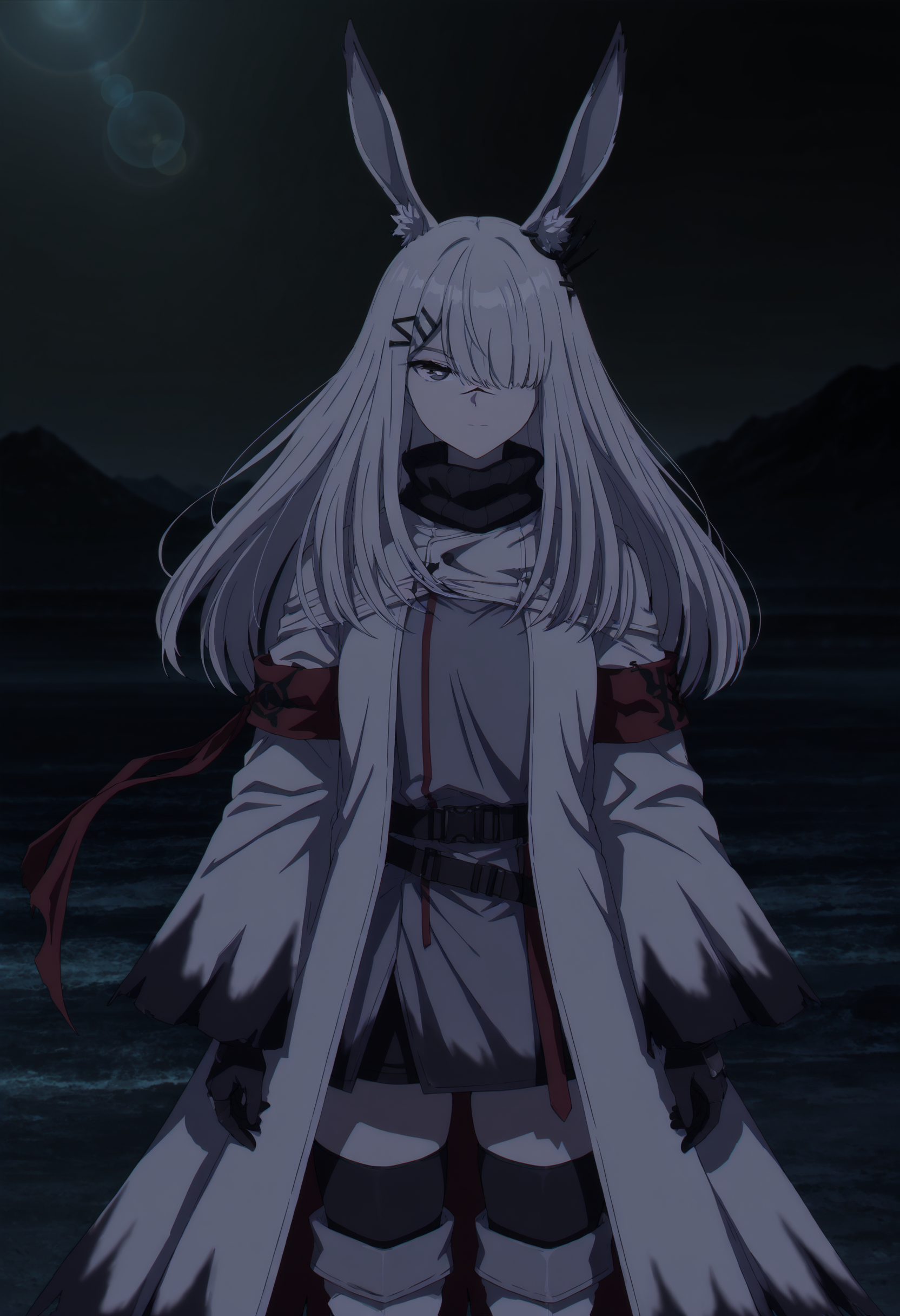 masterpiece,best quality,amazing quality,very aesthetic,absurdres,newest,scenery,anime coloring,
cowboy shot,black background,(chiaroscuro),depth of field,lens_flare,
1girl,rabbit ears,hair over one eye,long hair,silver hair,Gray eyes,scar on face,hairclip,white coat,Armband,turtleneck,gloves,white boots,thigh boots,
<lora:frostnova:1>,
masterpiece,best quality,amazing quality,very aesthetic,absurdres,newest,scenery,