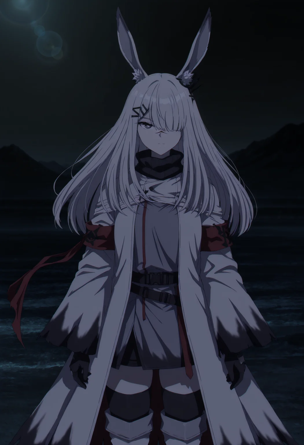 masterpiece,best quality,amazing quality,very aesthetic,absurdres,newest,scenery,anime coloring,
cowboy shot,black background,(chiaroscuro),depth of field,lens_flare,
1girl,rabbit ears,hair over one eye,long hair,silver hair,Gray eyes,scar on face,hairclip,white coat,Armband,turtleneck,gloves,white boots,thigh boots,
<lora:frostnova:1>,
masterpiece,best quality,amazing quality,very aesthetic,absurdres,newest,scenery,
