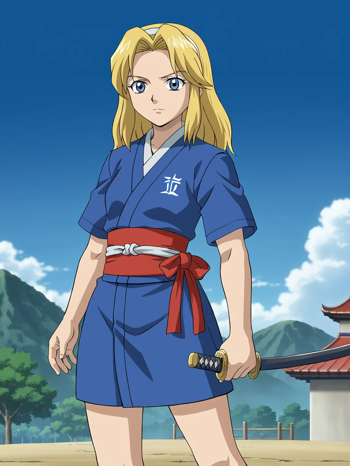 <lora:Maria Robotnik (SxSG):0.9> sxsgdbmaria, blonde hair, source_anime, samurai, katana