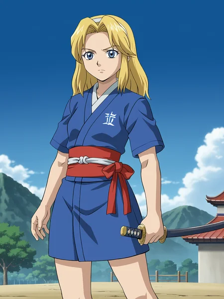 <lora:Maria Robotnik (SxSG):0.9> sxsgdbmaria, blonde hair, source_anime, samurai, katana