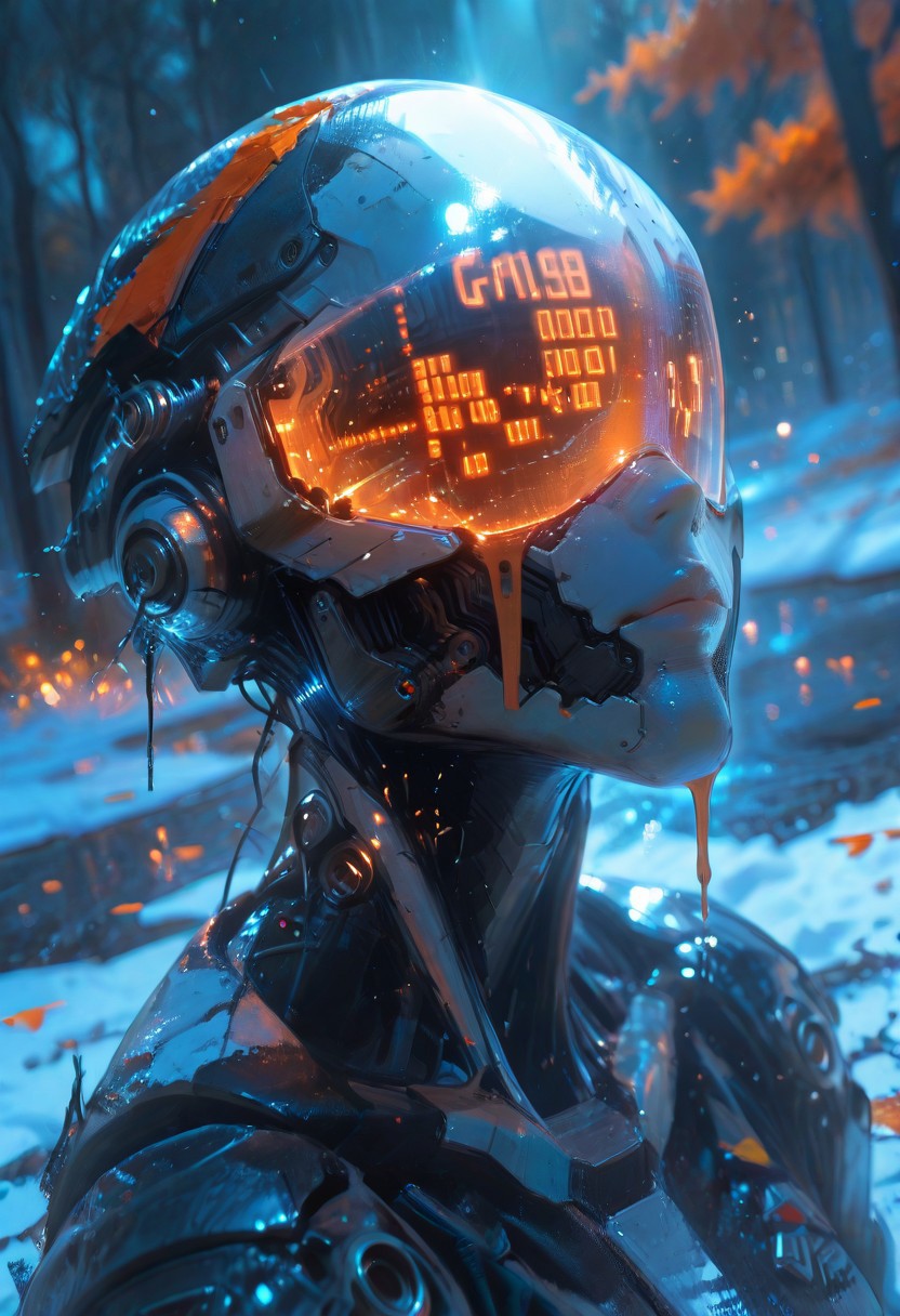 masterpiece, best quality, amazing quality, very aesthetic, absurdres, newest, volumetric lighting, holographic colors, cute, gradient colors, dark background, BREAK  ambient occlusion, raytracing, soft lighting, blum effect, masterpiece, absolutely eye-catching, particles, glow, shining, intricate cinematic background, 
BREAK
explicit, Cyborg killer.1girl, solo, cyborg,,reflection, visor, abstract, jacquard fabric, techwear, detailed helmet,mcnm, visor,closeup, intricate detail, melting, BREAK outdoors, trees, ferns, binary, snow, orange leaves, dutch angle,  pose, soft shadows, dramatic lighting, detailed textures, intimate atmosphere, intricate details, (blurry background, depth of field:1.1) close up,,usnr, 748cmstyle, gbf_style.cybervision.