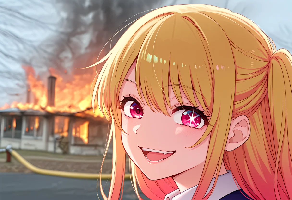 masterpiece, high quality, amazing detail, disaster_girl, 1girl, hoshino ruby, looking at viewer, smile, open mouth, fire, explosion, burning building,  <lora:disaster_girl_meme-10:1>
