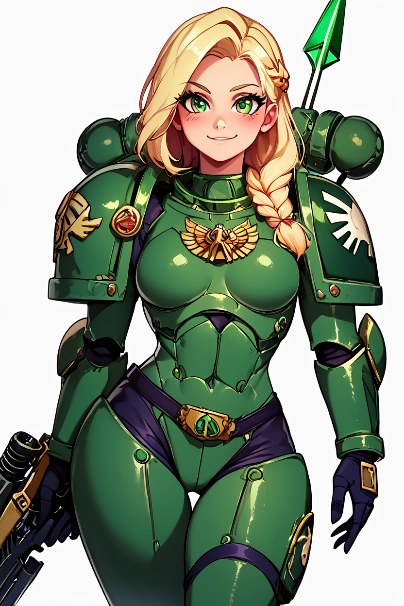 score_9, score_8_up, score_8, medium breasts, (curvy), cute, eyelashes,       BREAK, , zzDarkAngel, 1girl, long hair, simple background, white background, green eyes, weapon, gun, pauldrons, shoulder pads, power armor shoulder armor, arrow (symbol), green theme, cowboy shot, <lora:Dark_Angels_Warhammer_40K_PDXL_v2:0.8>, , BREAK, closed mouth, alternate costume, smile, looking at viewer, blush, zzLFashion, cowboy shot,  embedding:zPDXL, Expressiveh,  <lora:Vivid:0.7>,  <lora:LFashionPDXL:1>,  <lora:Uncensored_PonyXL_cpt_v02.09:0.4>,  <lora:Expressive_H-000001:0.4>,