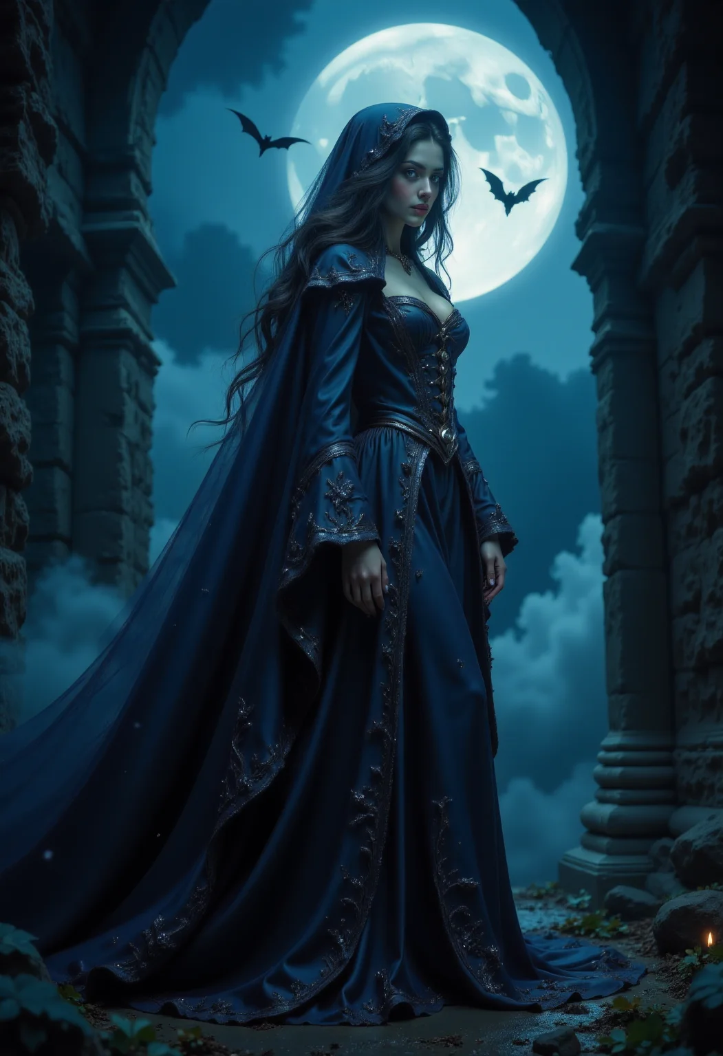 masterpiece, realistic scenery, ultra high quality, a gorgeous 23yo female vampire looks for victims in an medival castle, completely covered from the neck down, ancient dark blue vampire robe with shimmering sapphires, a vampire bat in the air, night, moonshine, gloomy clouds, fog, close-up, (SFW:1.2), dark fantasy, eerie, horror, <lora:Flux Darkfantasy_epoch_1>