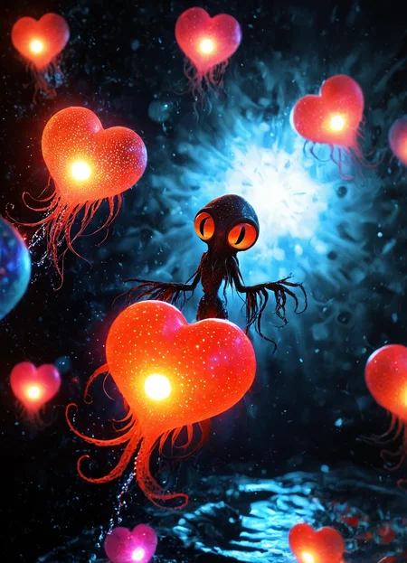 best quality, masterpiece,
BREAK
<lora:sdxl\add-detail-xl:1.5>
<lora:CreepyCuteMagicalSDXL:1.0> CreepyCuteMagical
<lora:sdxl\S1_Dramatic_Lighting_v2:0.2>, s1_dram
(dark scene, dim light, night, vivid colors, soft volumetric lighting,:1.5)
(vivid colors, color contrast, colorful,:1.1)
BREAK, detailed eyes, colorful eyes, vivid colored eyes,, A weird squid-like creature swimming through the air leaving whimsical glowing orbs levitating in the backwards moving shockwaves. The left behind orbs slowly form a dark Red heartshaped pulsating cloud.